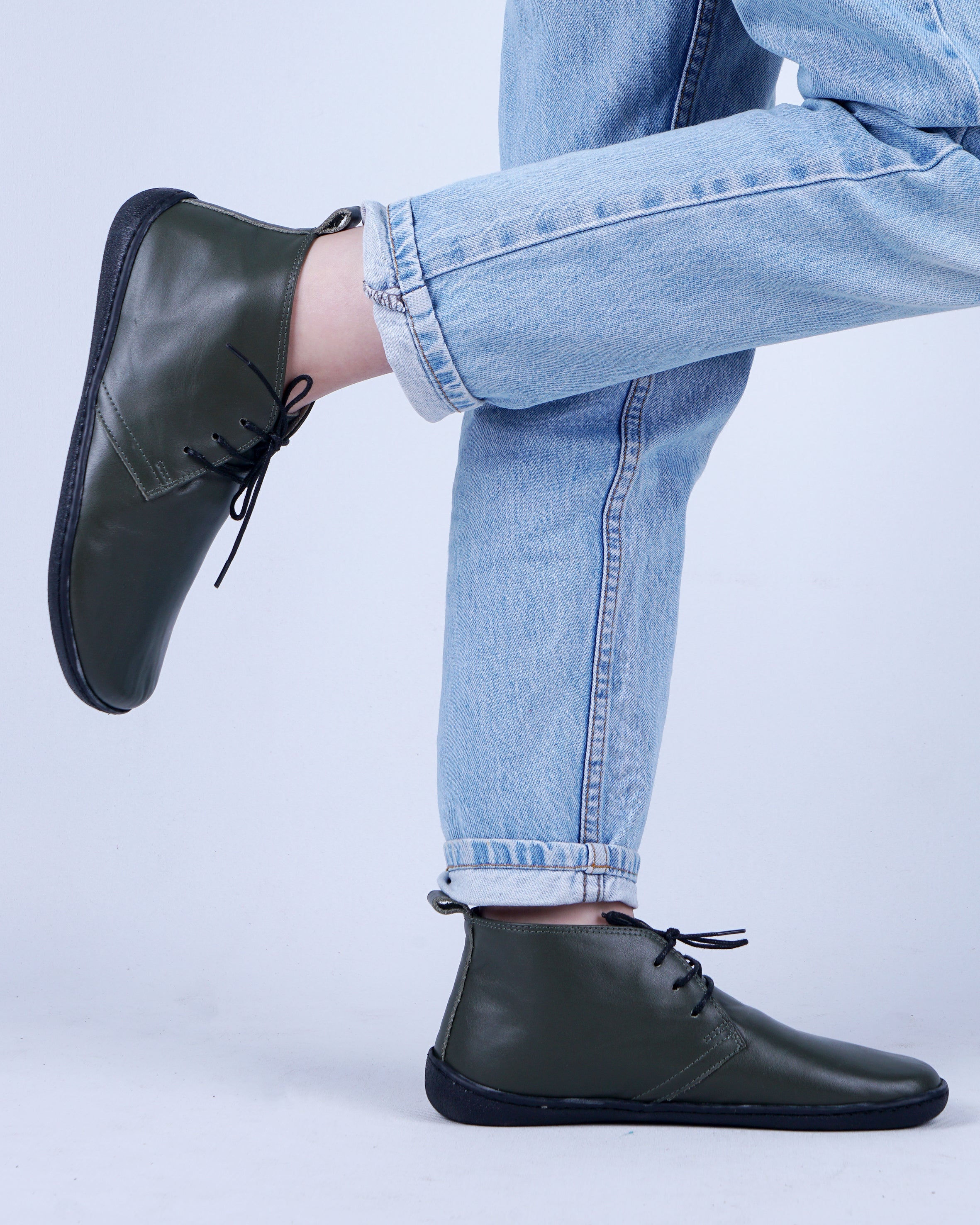 Green Ankle Boots Wide Barefoot Shoes Smooth Leather Handmade 6mm Rubber Outsole 