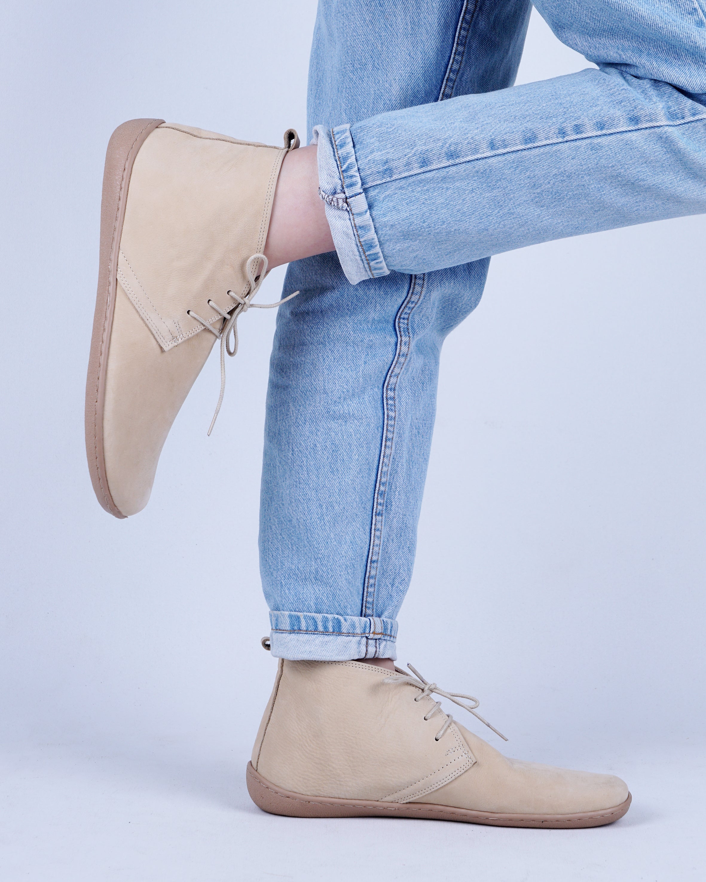 Cream Ankle Boots Wide Barefoot Shoes Nubuck Leather Handmade Rubber Outsole 