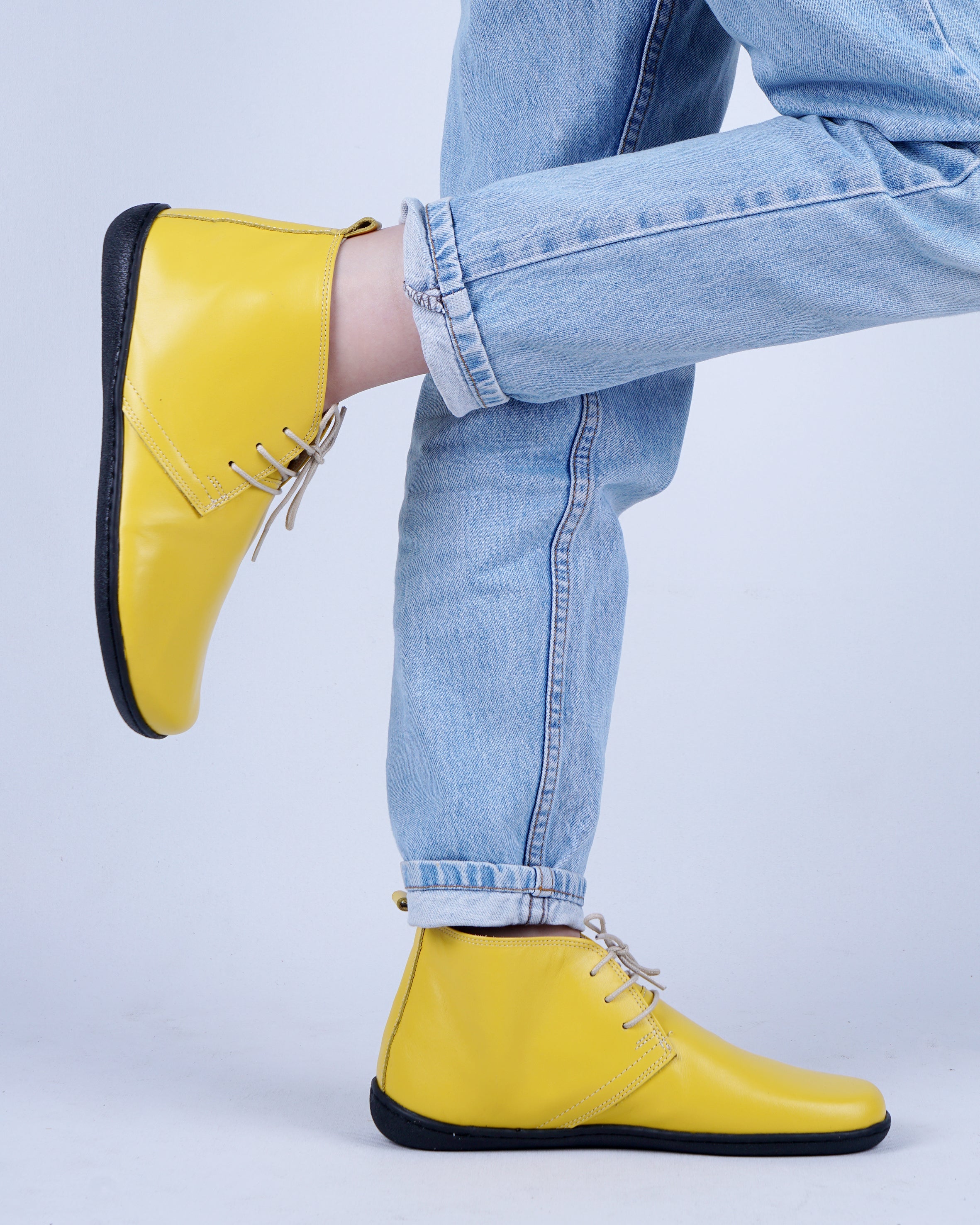Yellow Ankle Boots Wide Barefoot Shoes Smooth Leather Handmade 6mm Rubber Outsole 