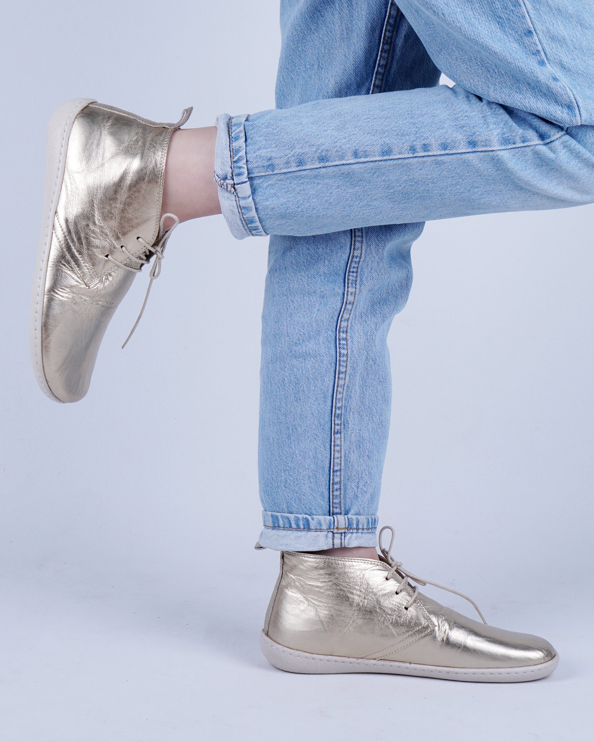 Gold Ankle Boots Wide Barefoot Shoes Smooth Leather Handmade 6mm Rubber Outsole 