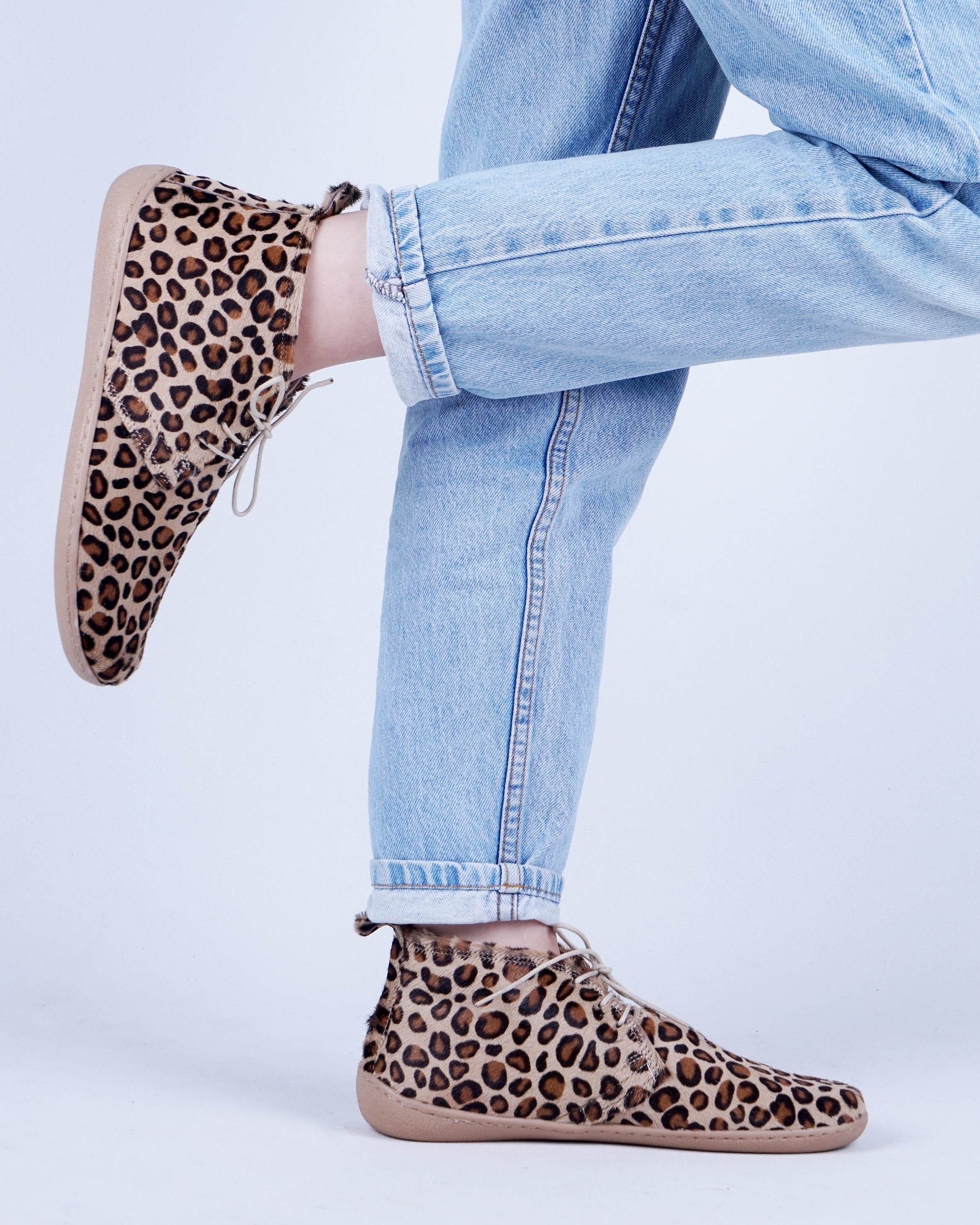 Leopard Ankle Boots Wide Barefoot Shoes Smooth Leather Handmade 6mm Rubber Outsole 