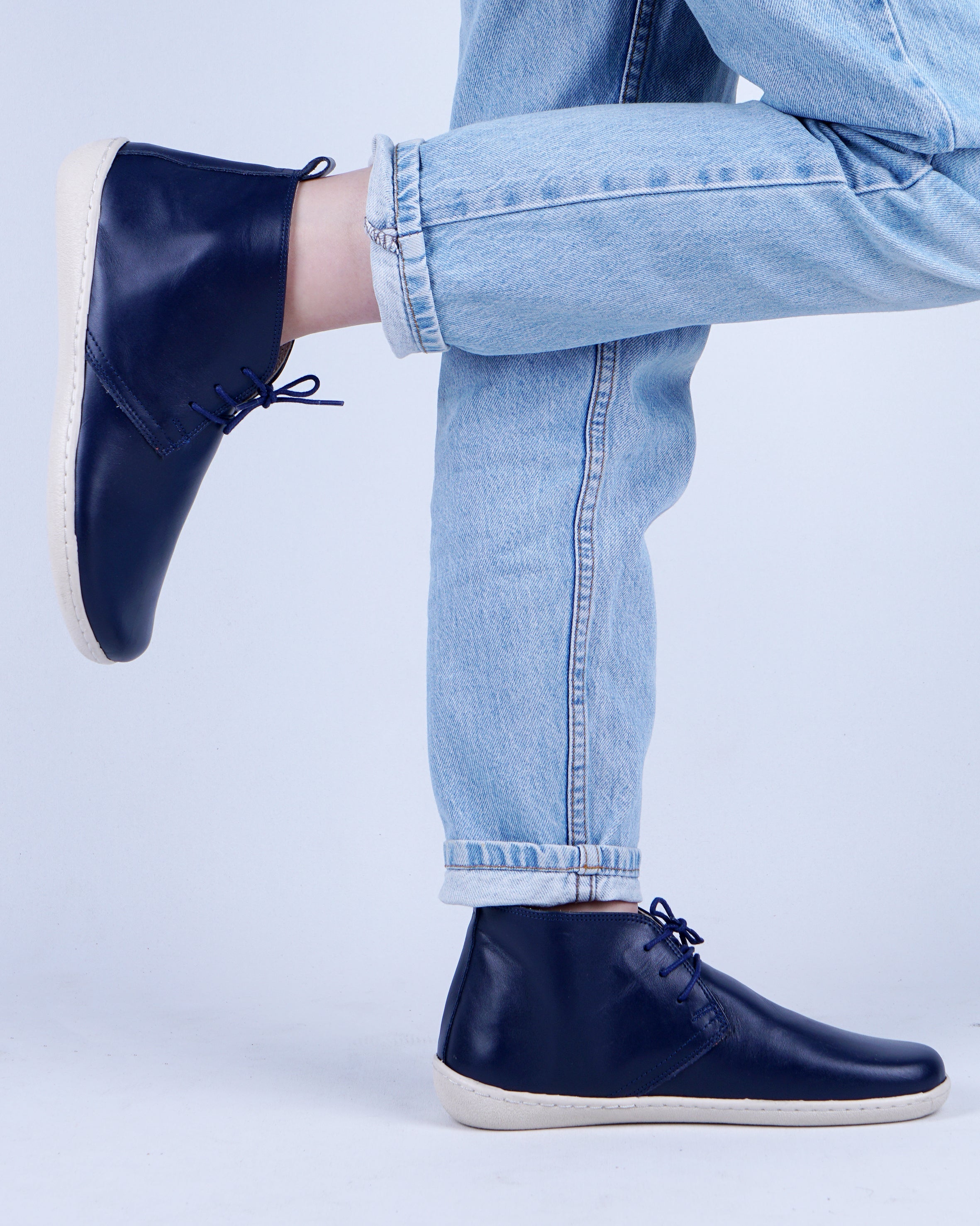 Navy Blue Ankle Boots Wide Barefoot Shoes Smooth Leather Handmade 6mm Rubber Outsole 