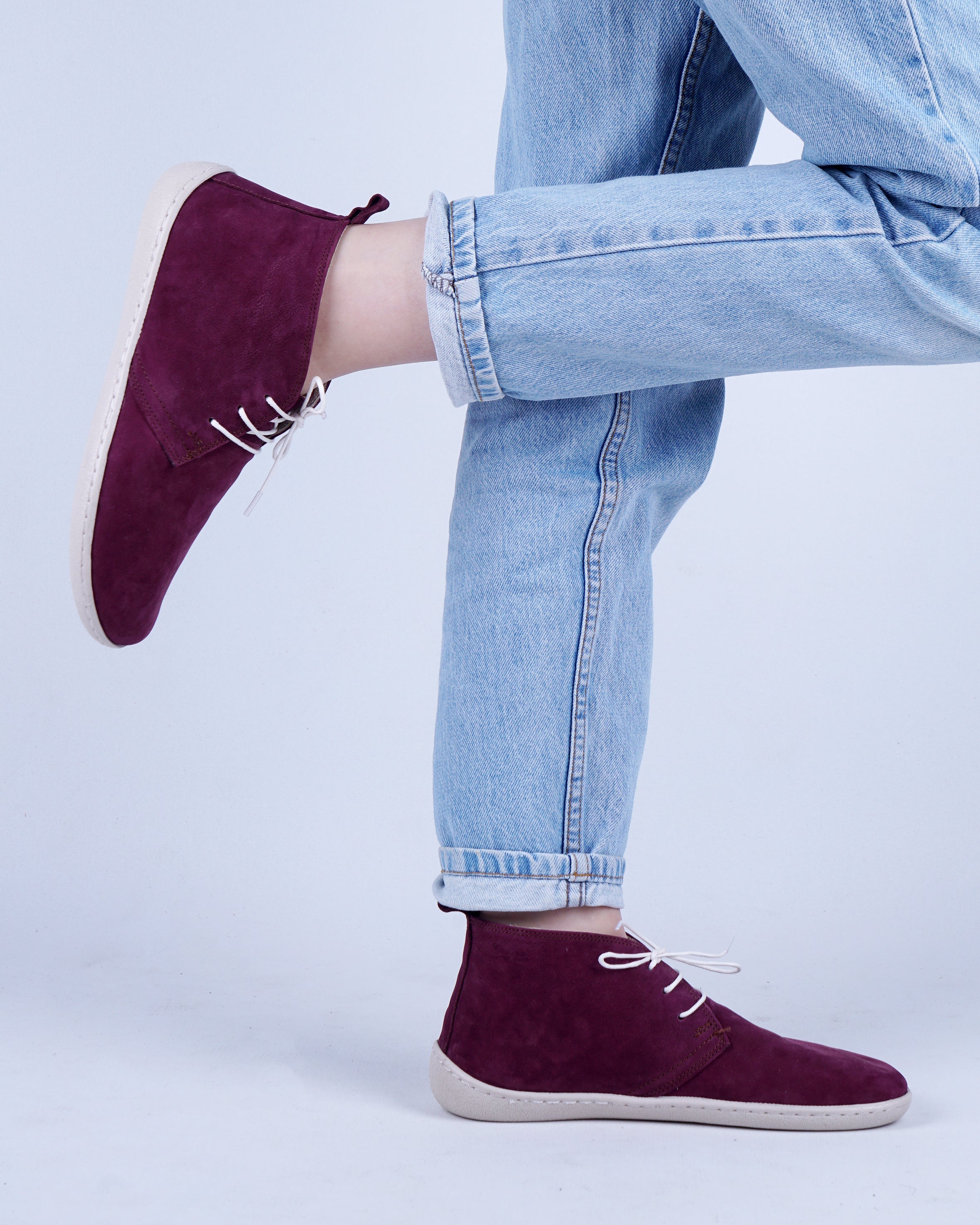 Burgundy Ankle Boots Wide Barefoot Shoes Nubuck Leather Handmade Rubber Outsole 
