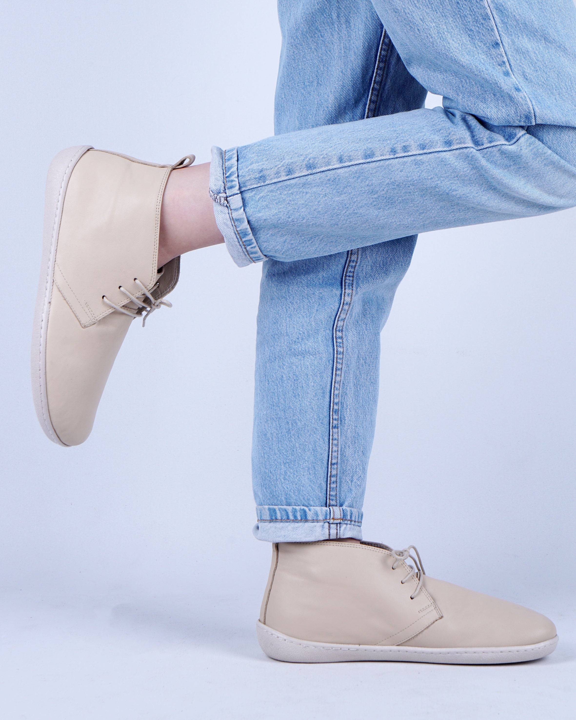 Cream Ankle Boots Wide Barefoot Shoes Smooth Leather Handmade 6mm Rubber Outsole 