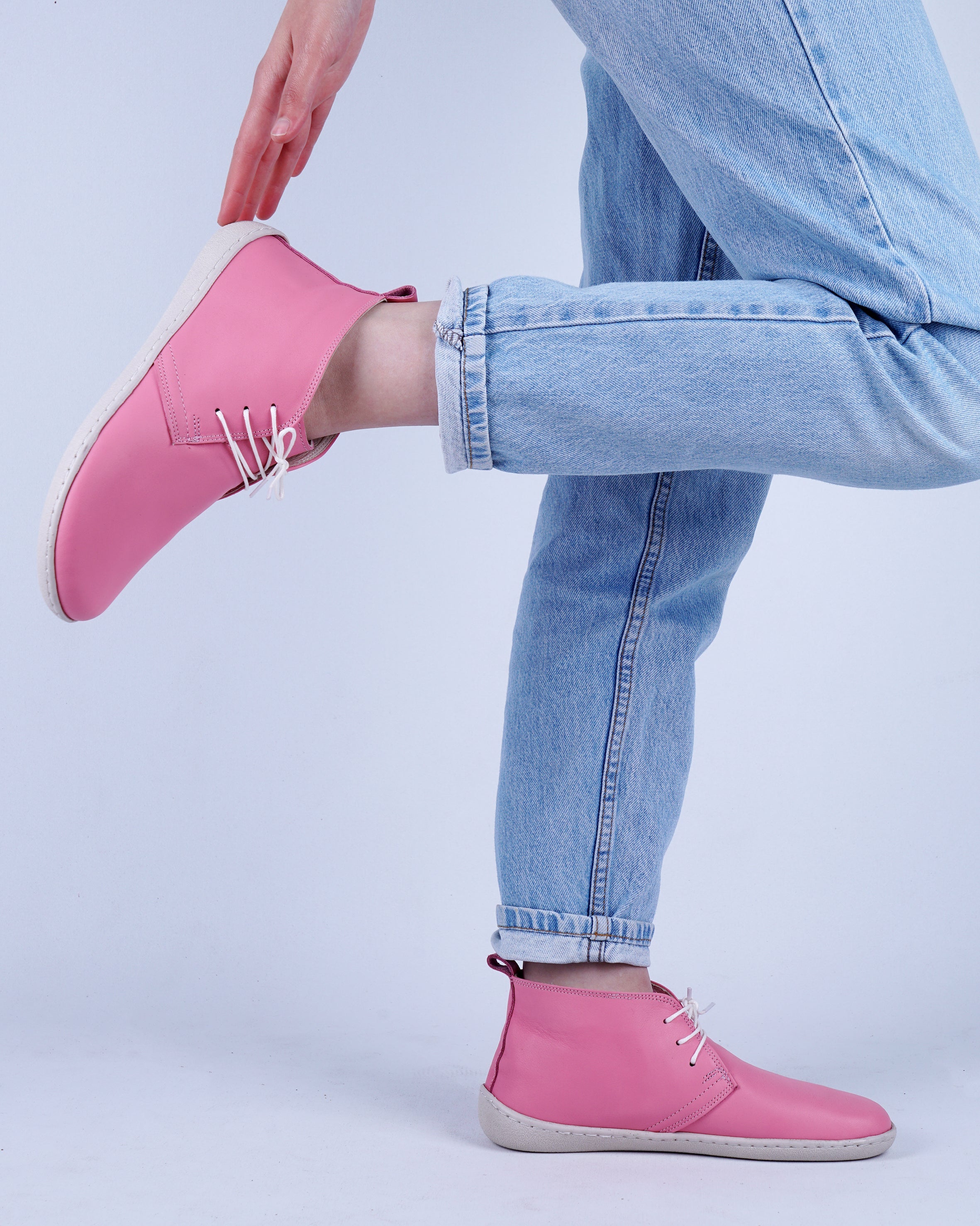 Pink Ankle Boots Wide Barefoot Shoes Smooth Leather Handmade 6mm Rubber Outsole 